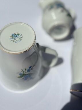 Vintage White Porcelain Floral Creamer Pitcher with Blue Forget-Me-Not Design